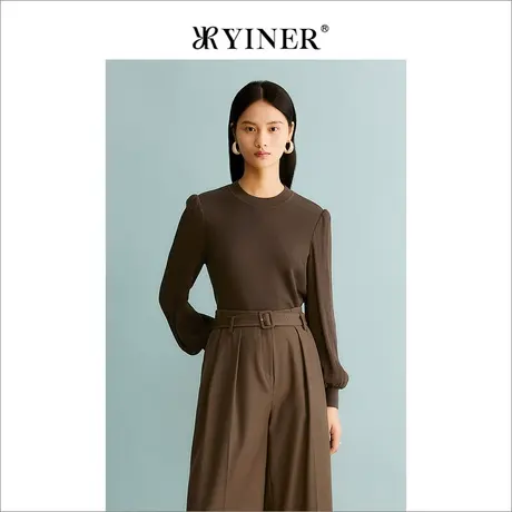 YINER音儿女装冬季保暖绵羊毛针织衫套头法式优雅栗色上衣商品大图