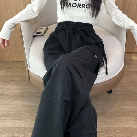 黑色加绒抽绳美式工装裤女秋冬高腰小个子休闲登山束脚阔腿运动裤图片