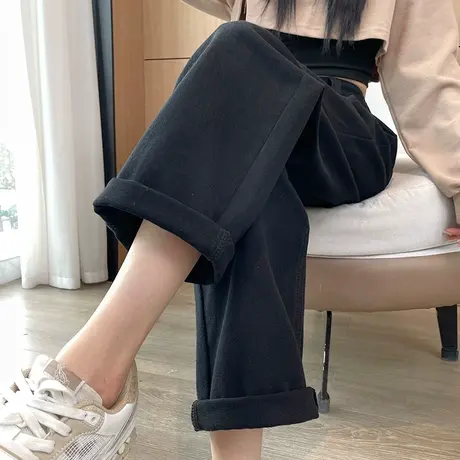 黑色高腰牛仔裤女2024早春新款宽松显瘦百搭九分小个子直筒阔腿裤商品大图