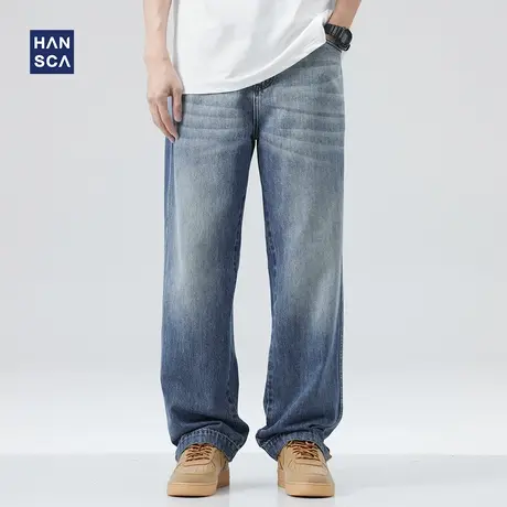 hansca美式高街痞帅牛仔裤男春季复古水洗宽松直筒阔腿拖地长裤子商品大图