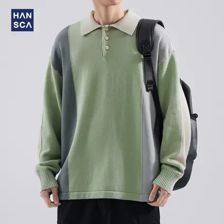 hanscaPolo领毛衣男秋冬季日系复古撞色翻领慵懒风宽松大码针织衫商品大图