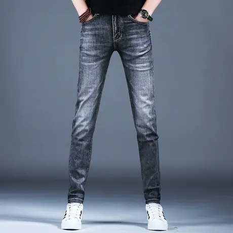 2024新款男士牛仔裤子简约黑灰色修身刺绣棉弹小脚裤美式百搭潮男商品大图
