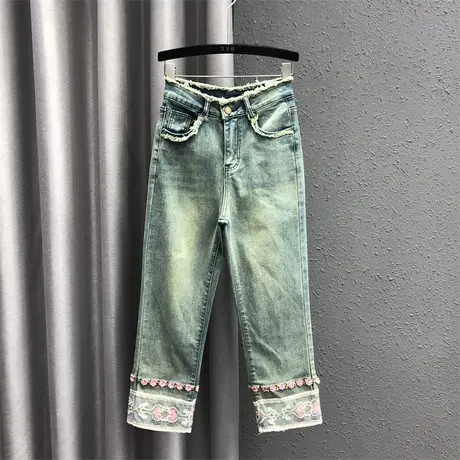 欧货韩版直筒裤女24春夏新款个性刺绣新国风高腰显瘦牛仔九分裤潮图片