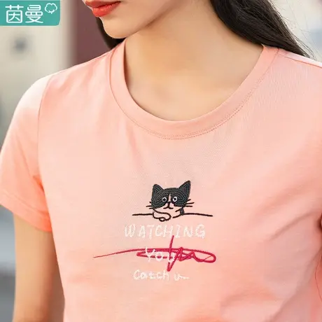 茵曼旗舰店短袖T恤女士纯棉2024年夏季新款猫咪绣花圆领上衣图片