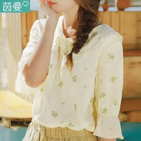 茵曼女装旗舰店官方棉麻上衣衬衣春款2024新款夏季中袖衬衫女碎花商品大图