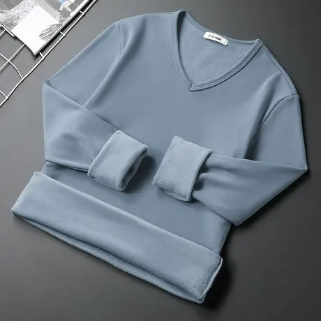 长袖t恤男装V领潮流秋冬季加绒加厚保暖内搭打底衫修身纯色秋衣服商品大图