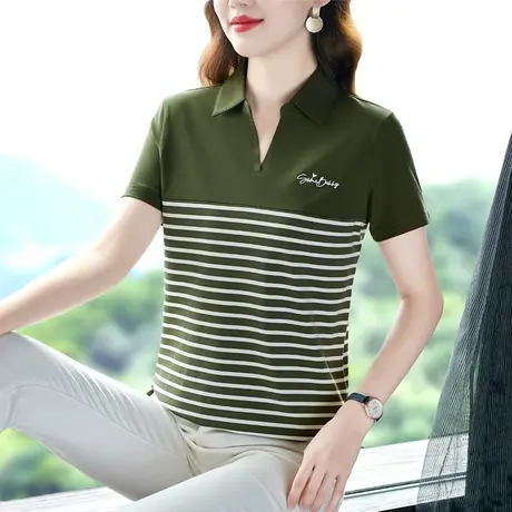 纯棉V领短袖t恤女夏装2023新款时尚小个子POLO领条纹修身显瘦体恤商品大图