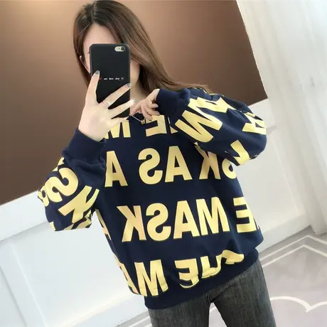 字母印花卫衣女圆领套头2023年秋冬新款韩版女装时尚百搭外套上衣图片