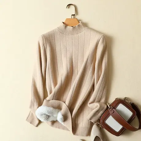 秋冬季加绒毛衣女加厚保暖紧身半高领套头毛线针织百搭长袖打底衫商品大图