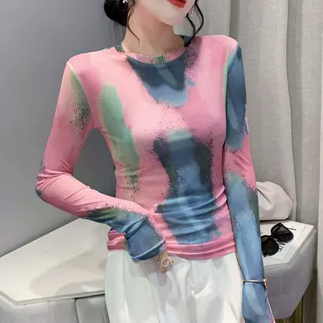 时尚网纱罩衫女长袖2023春秋新款圆领冰丝T恤洋气扎染上衣打底衫商品大图