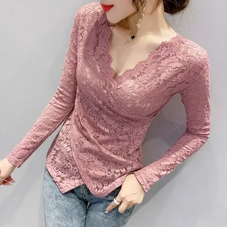 2023春秋新款性感镂空V领蕾丝衫女长袖不规则上衣洋气内搭打底衫图片