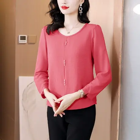 宽松妈妈上衣雪纺衫女秋季新款长袖纯色遮肚子显瘦t恤女士打底衫商品大图