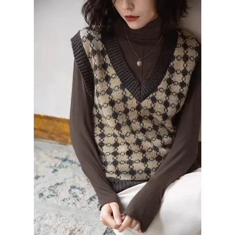 弥古v领复古格子针织马甲女春秋法式显瘦毛衣背心外穿小坎肩上衣商品大图