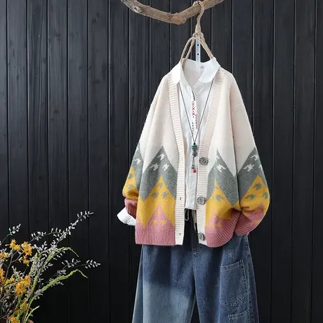 复古文艺拼色提花针织开衫女秋冬宽松百搭慵懒风长袖短款毛衣外套图片