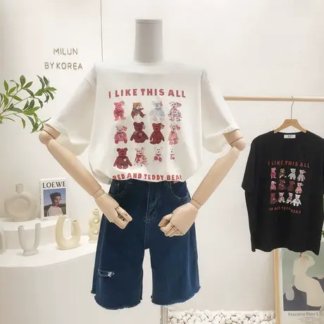 韩国东大门短袖上衣2022夏季新款ins涂鸦小熊印花T恤打底衫松大码图片