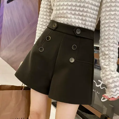 黑色短裤女秋冬2022年新款高腰显瘦休闲宽松a字毛呢阔腿外穿靴裤图片