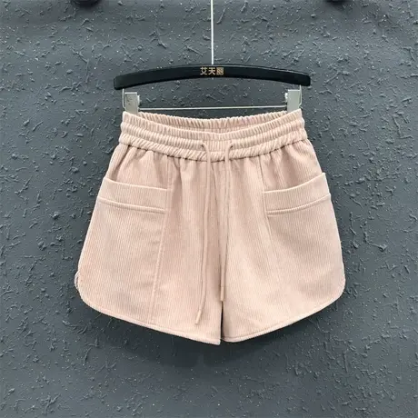 大口袋高腰百搭阔腿裤2023秋季新款粉色减龄宽松灯芯绒短裤女靴裤图片