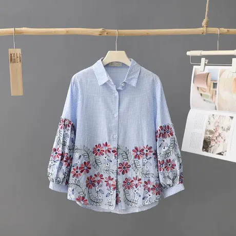 春装新款文艺范3D提花格子长袖衬衫女短款宽松休闲衬衣打底衫女装图片