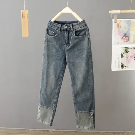韩版弹力牛仔裤女春秋2023新款复古蓝色拼接哈伦裤高腰九分裤女裤图片