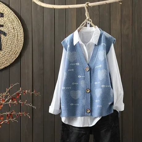 枫谜2021年秋装文艺V领针织马夹女宽松毛线马甲开衫无袖坎肩毛衣商品大图