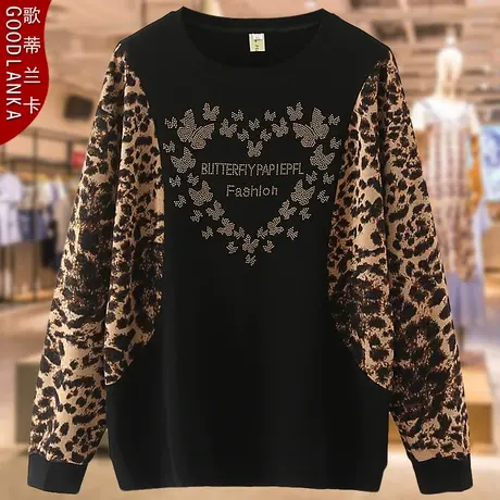 中年妈妈秋装打底衫上衣200斤大码宽松时尚豹纹拼接镶钻长袖T恤女商品大图