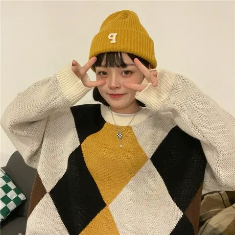 红续撞色菱格加厚毛衣女小个子oversize保暖套头针织衫秋冬新款图片