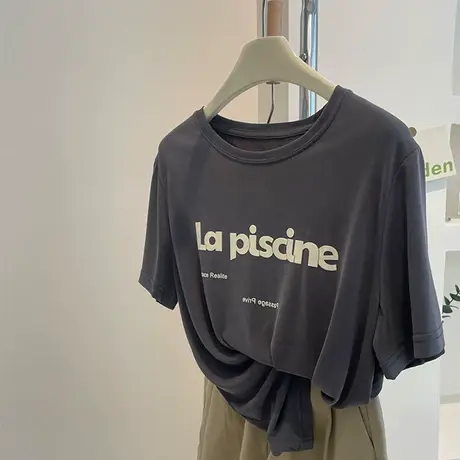 温柔粉短袖T恤!夏装薄款凉爽垂感字母印花圆领休闲上衣体恤短袖女商品大图