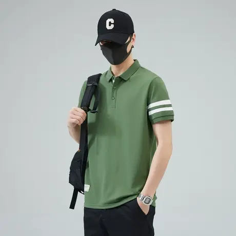 夏季军绿色条纹有领短袖Polo衫男士衬衫领t恤男装夏款体恤上衣服商品大图