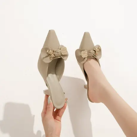 2022年夏季新款尖头金属蝴蝶结高跟鞋女细跟性感少女百搭半拖凉鞋商品大图