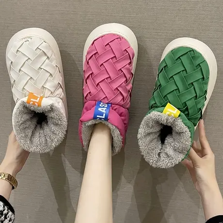羽绒防水棉拖鞋女冬季时尚编织加厚毛绒保暖室内居家厚底包跟棉鞋图片