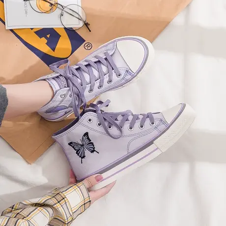 紫色高帮帆布鞋女ulzzang厚底百搭2020年夏蝴蝶潮鞋ins网红忘羡鞋商品大图