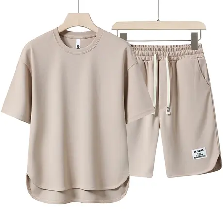 冰丝套装短袖t恤夏季韩版潮流纯色休闲短裤运动上衣服两件套男装商品大图