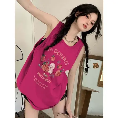 夏季辣妹女装背心2023新款火龙果色显白无袖上衣ins大码宽松吊带图片