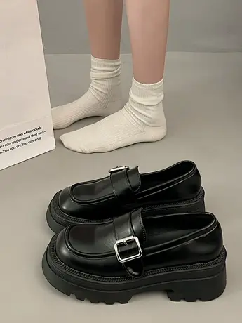 复古小皮鞋女2024春季新款英伦风松糕厚底乐福单鞋黑色jk玛丽珍鞋商品大图