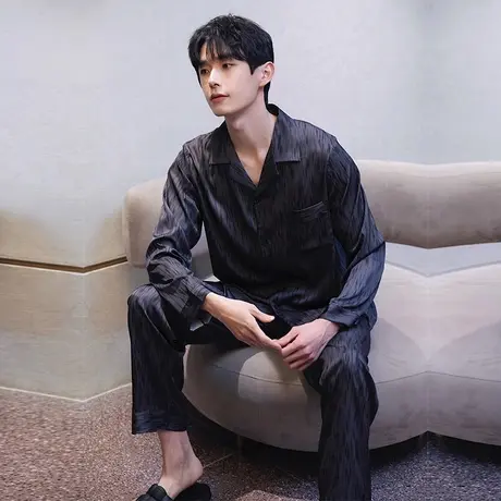 睡衣男春秋2023年新款长袖套装简约大码可外穿男士夏冰丝绸家居服图片