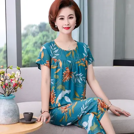 中老年睡衣女夏季老人绵绸短袖家居服人造棉两件套妈妈棉绸套装薄图片