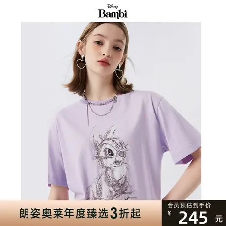 【迪士尼系列】莱茵纯棉T恤宽松女2023夏季小鹿斑比新款印花短袖图片