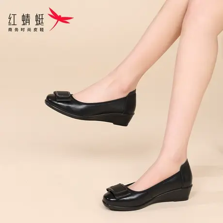 红蜻蜓女鞋夏季软底女士一脚蹬懒人坡跟皮鞋女真皮牛皮单鞋妈妈鞋商品大图