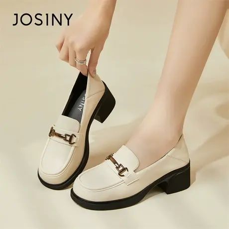 Josiny/卓诗尼白色乐福鞋女2024新款春季粗跟小皮鞋子一脚蹬单鞋商品大图