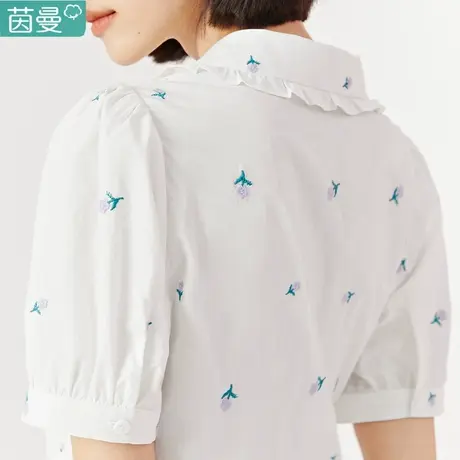 茵曼旗舰店花边翻领衬衫女2023夏季新款泡泡袖宽松刺绣纯棉衬衣图片