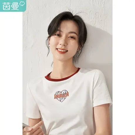 【商场同款】茵曼趣味爱心植绒绣T恤女2023夏季新款宽松撞边上衣图片