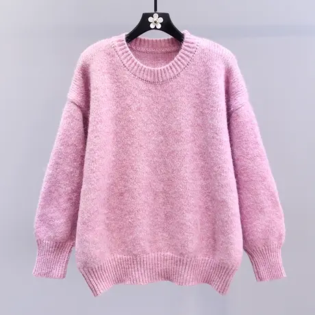 温柔粉色圆领套头毛衣女秋冬2023新款宽松慵懒风软糯打底针织衫商品大图