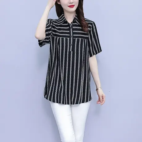 2023夏季新款大码条纹衬衫女短袖宽松时髦洋气遮肉胖MM时尚衬衣女商品大图
