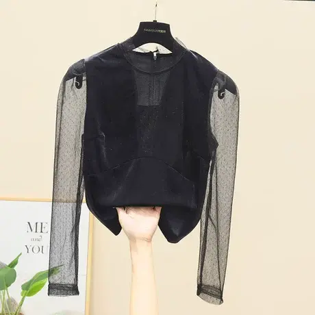 时尚洋气小心机丝绒打底衫2023春秋新款女网纱拼接半高领收腰上衣商品大图
