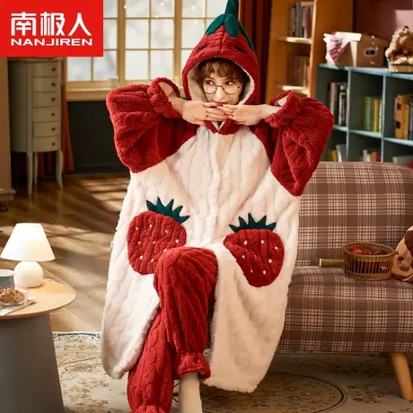 南极人睡袍冬季女款珊瑚绒加厚保暖2023年新款法兰绒草莓连帽睡衣图片