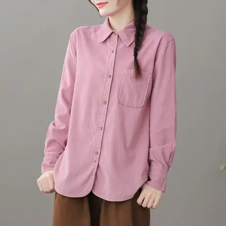 dza 复古纯棉灯芯绒长袖衬衫女士2023春新款宽松上衣内搭显瘦衬衣商品大图