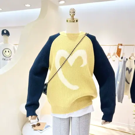 冬季百搭爱心拼接撞色宽松保暖洋气韩版插肩长袖套头毛衣女针织衫商品大图