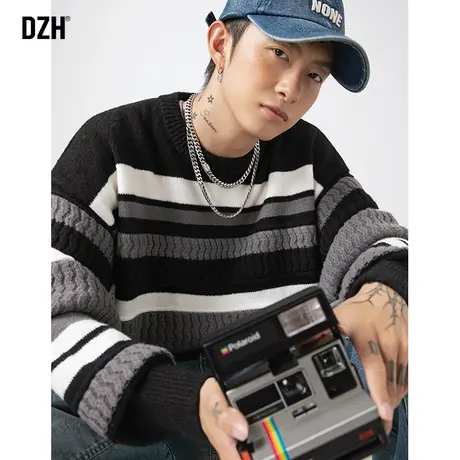男士黑白条纹圆领毛衣男秋冬高级感2023年新款日系慵懒针织衫外套商品大图