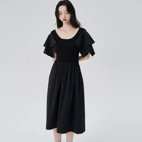 艾莱依针梭拼接连衣裙女夏季新款优雅针织拼接裙日常通勤优雅长裙图片