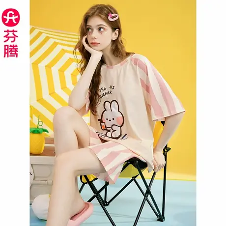 芬腾布朗熊女士睡衣夏季纯棉短袖套装少女甜美薄款宽松全棉家居服商品大图